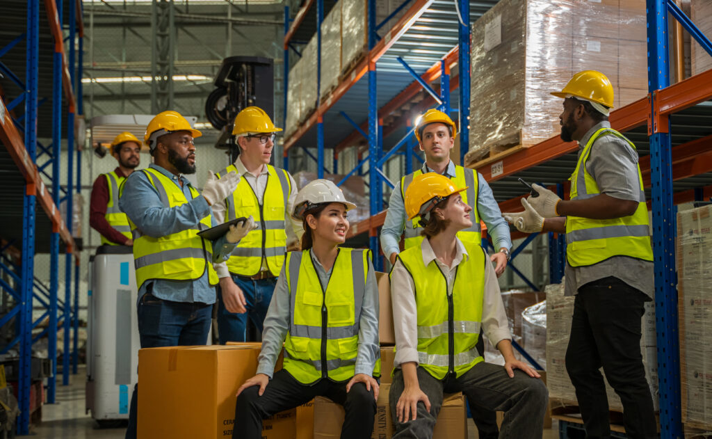 equipe com epis dentro do almoxarifado de obra