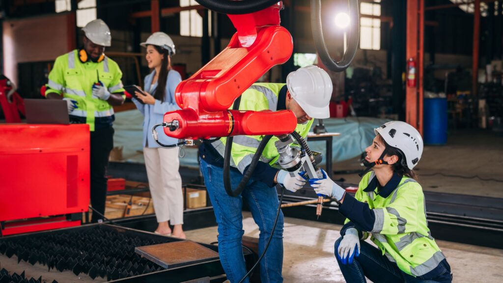 engenheiros inspecionando rompedor hidráulico