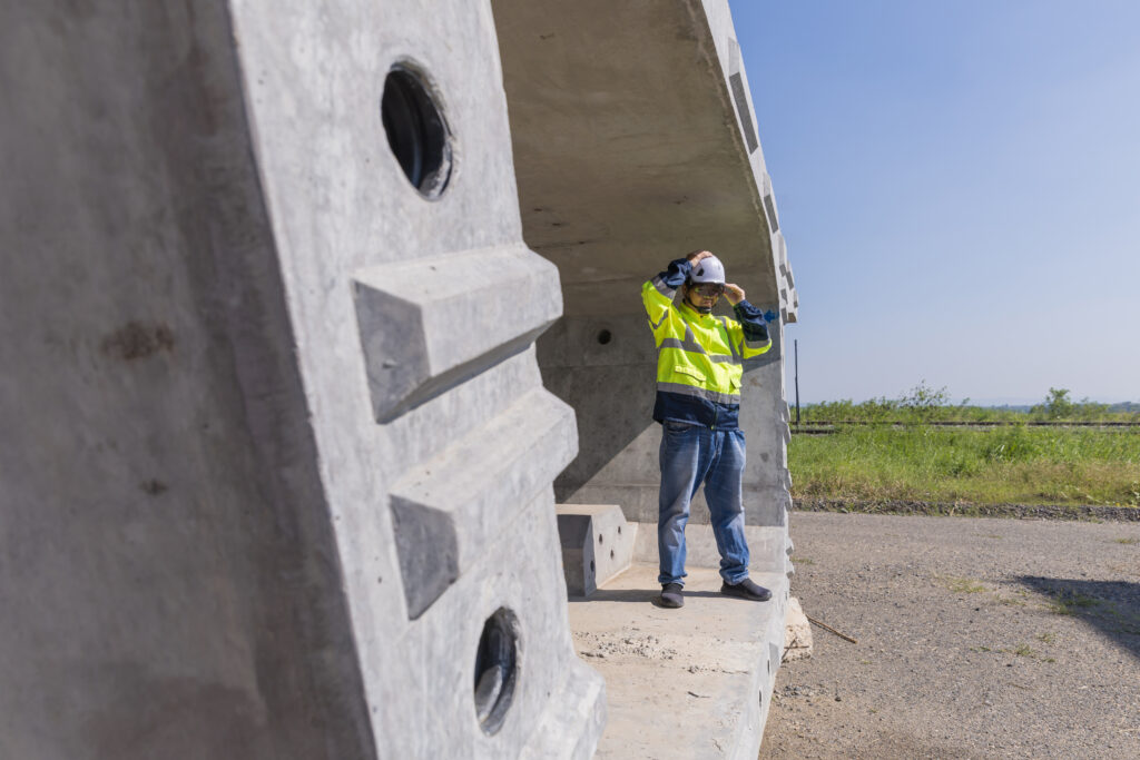 engenheiro averiguando obra de concreto protendido